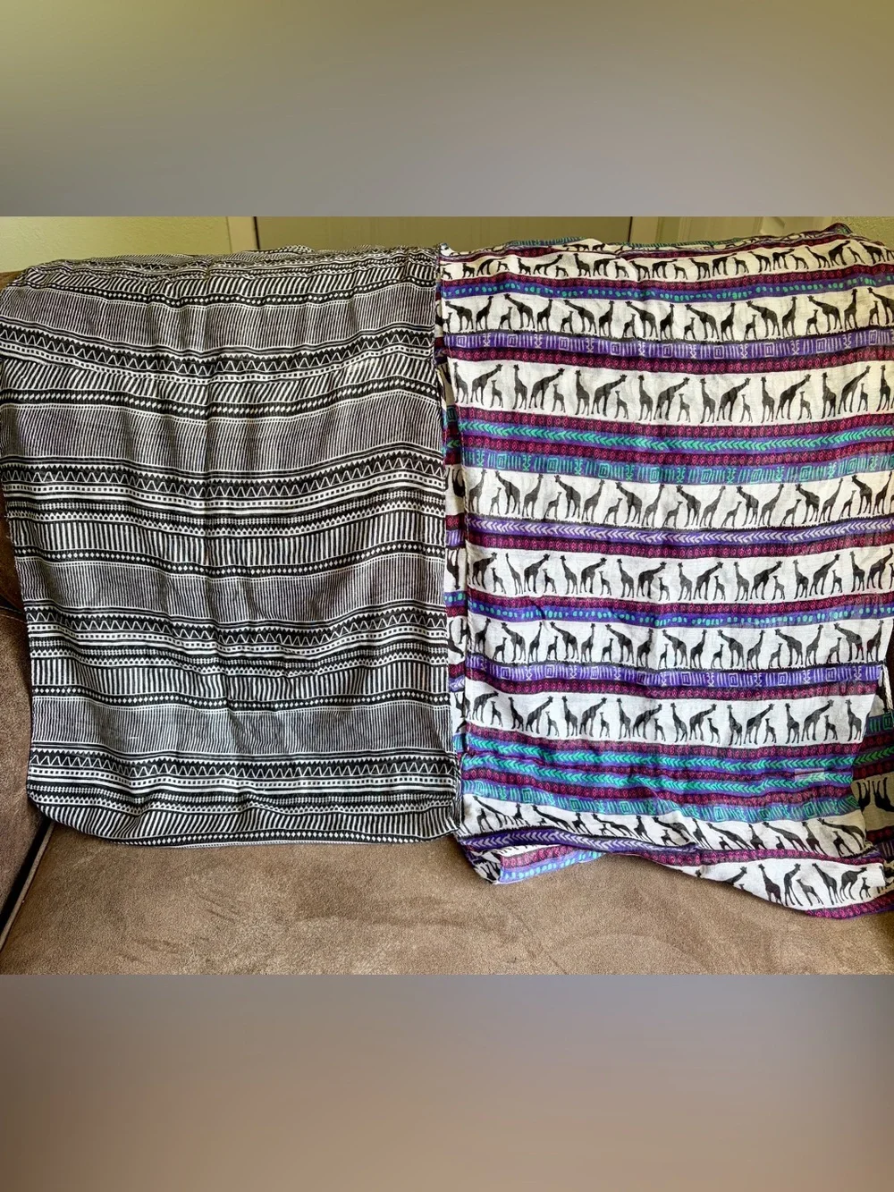 Infinity Scarves Lot of 2 Teal Magenta giraffe Print, Blk Wht Tribal Pattern